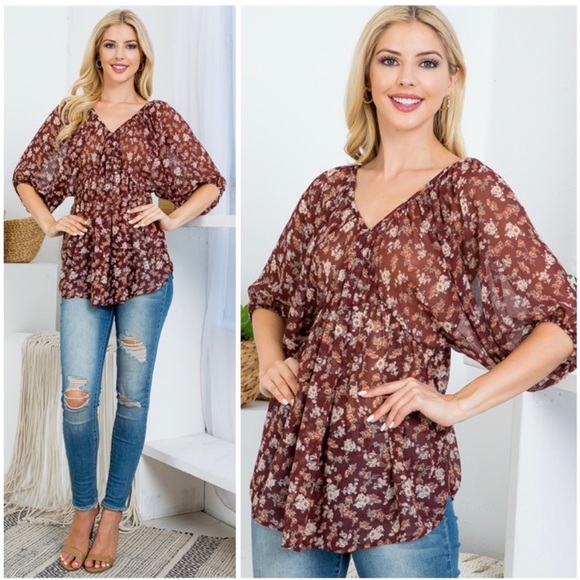 Lovely J Tops - Lovely J Brown Floral V-Neck Semi-Sheer Chiffon Blouses Sz.S